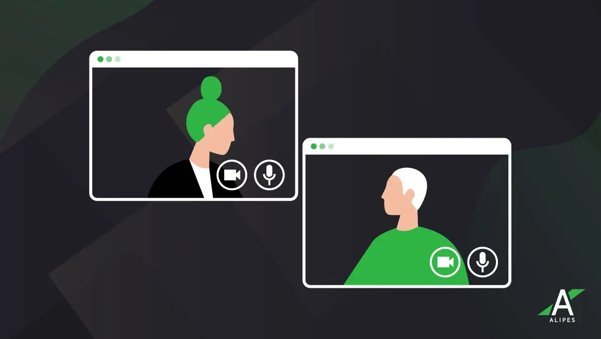 Remote first team video call illustration showing two coworkers in virtual meeting windows
