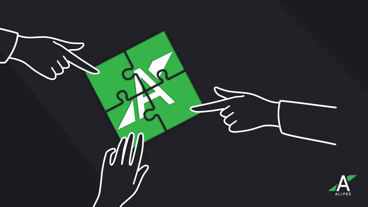 Hands collaborating to complete a puzzle featuring the Alipes logo, symbolizing teamwork and company culture in a small business setting.
