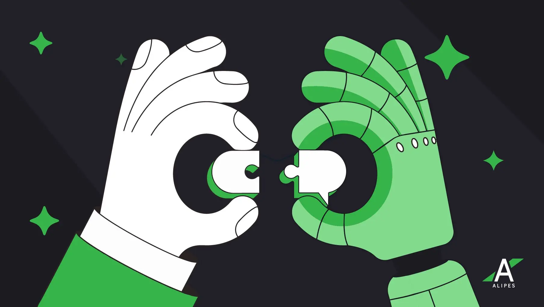 AI robot hand and human hand holding broken puzzle pieces, symbolizing the business risk of replacing human judgment with automation and the need for safe, strategic AI use.