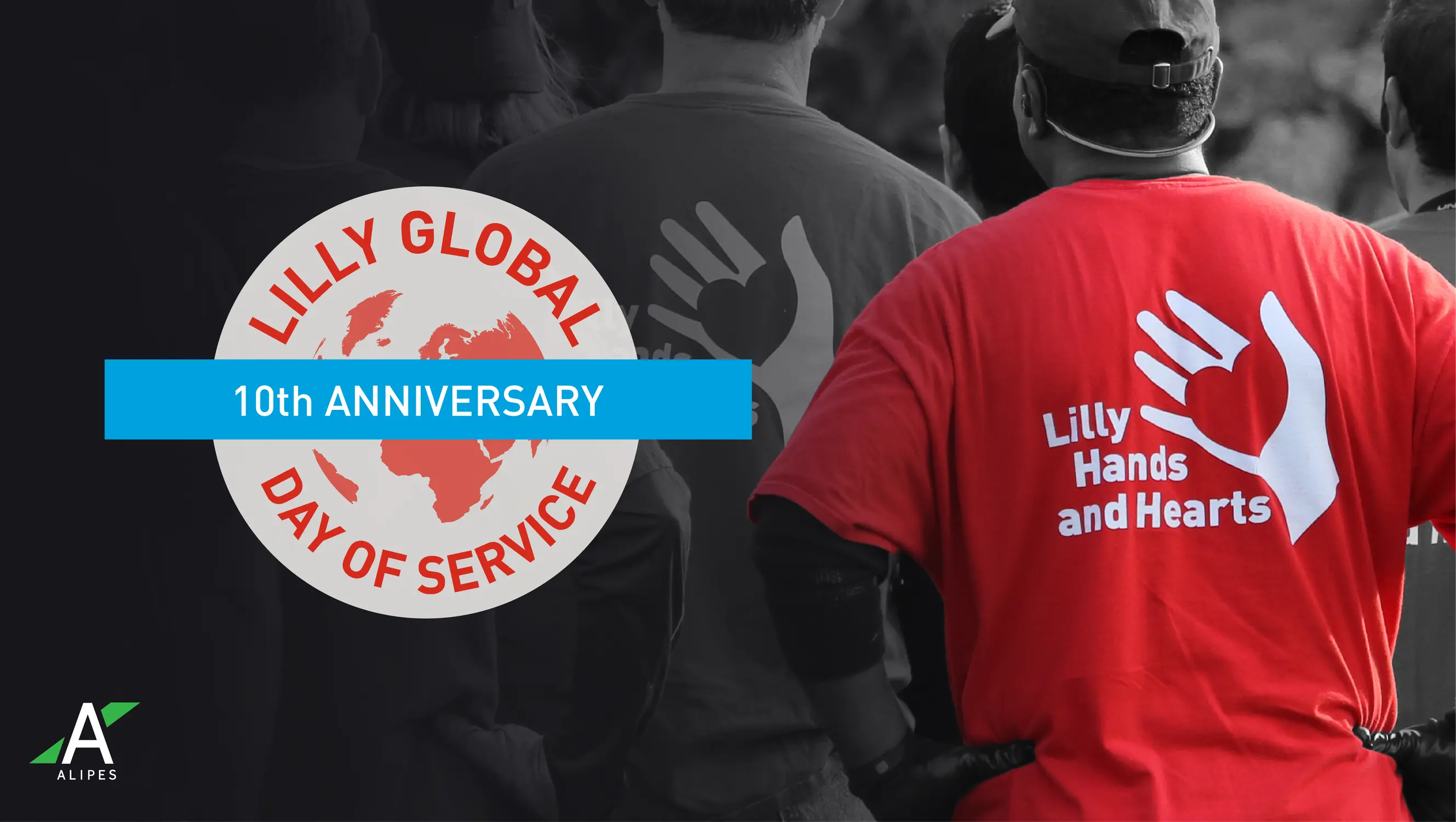 Eli Lilly's Global Day of Service 10th Anniversary logo and Lilly employees