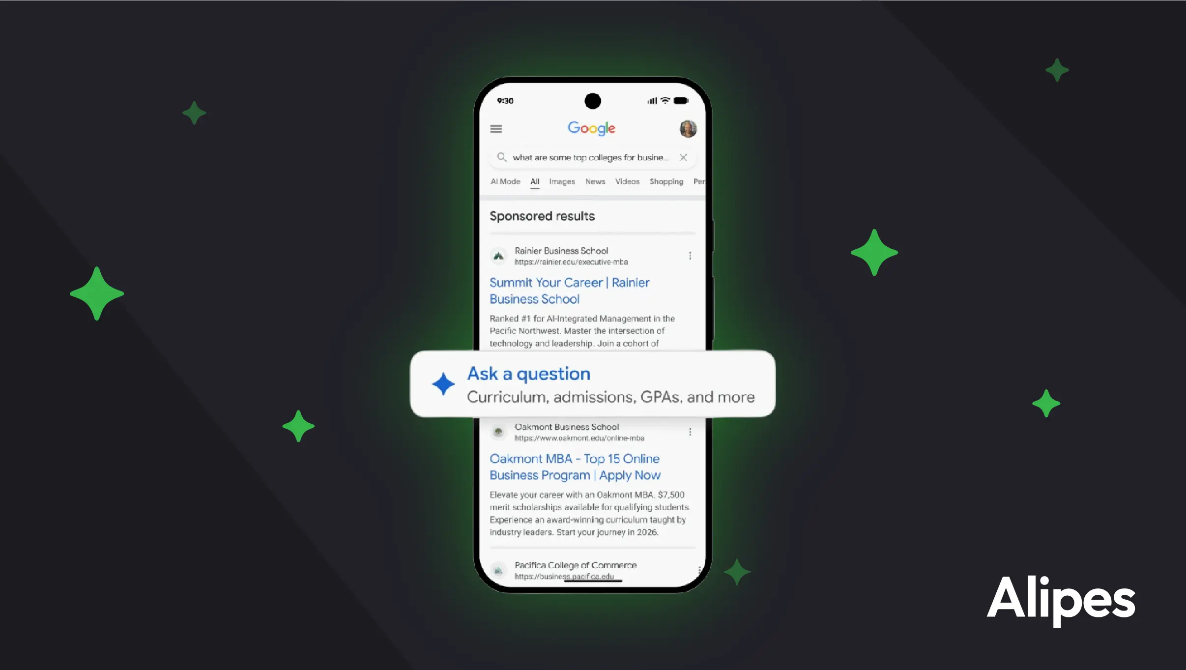 Smartphone showing Google sponsored results with an AI question prompt for Google Business Agent for Leads conversational search ads.