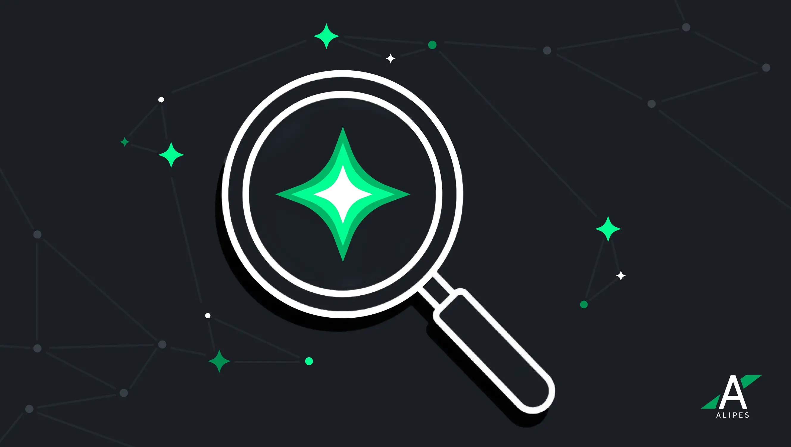Magnifying glass highlighting an AI-style sparkle over a connected network, illustrating the shift from SEO to AEO.
