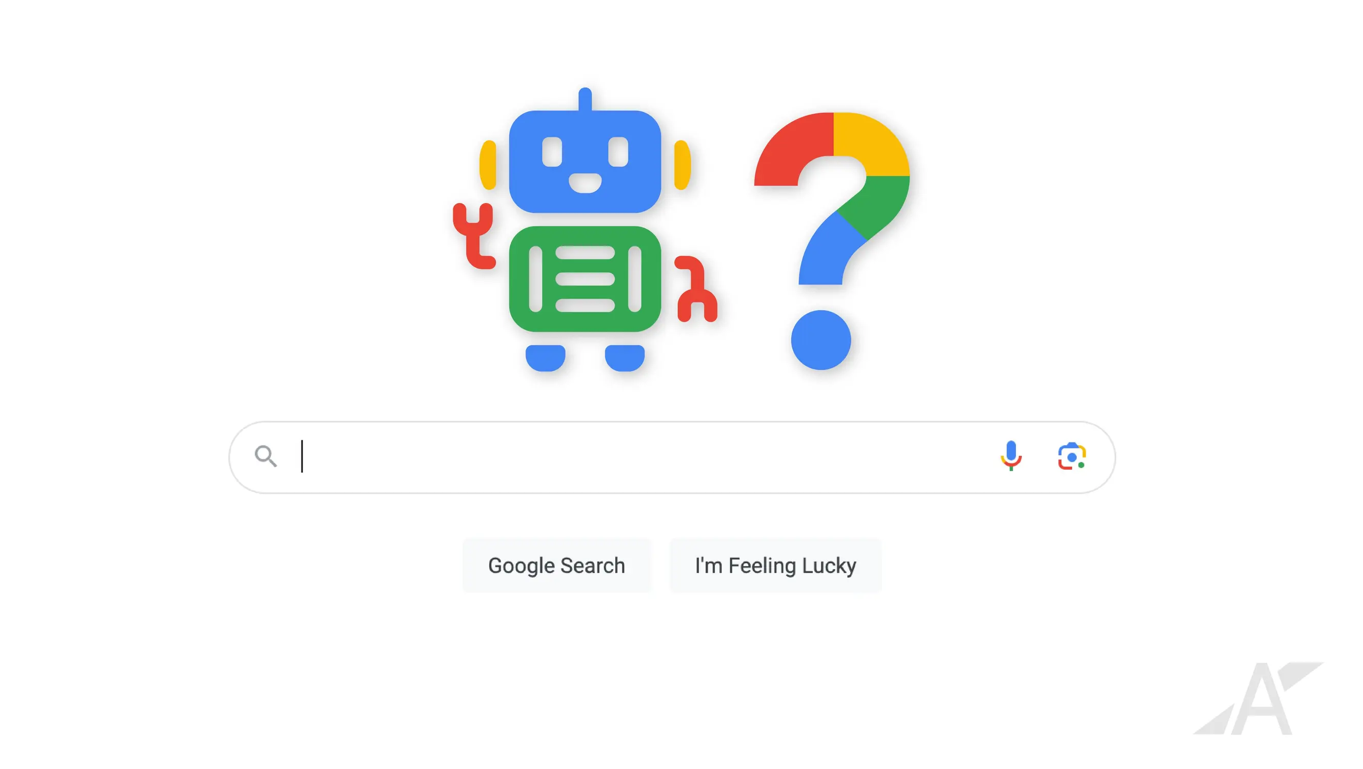 Google search bar with a robot graphic and question mark