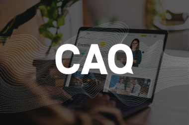 CAQ logo backed by laptop displaying website