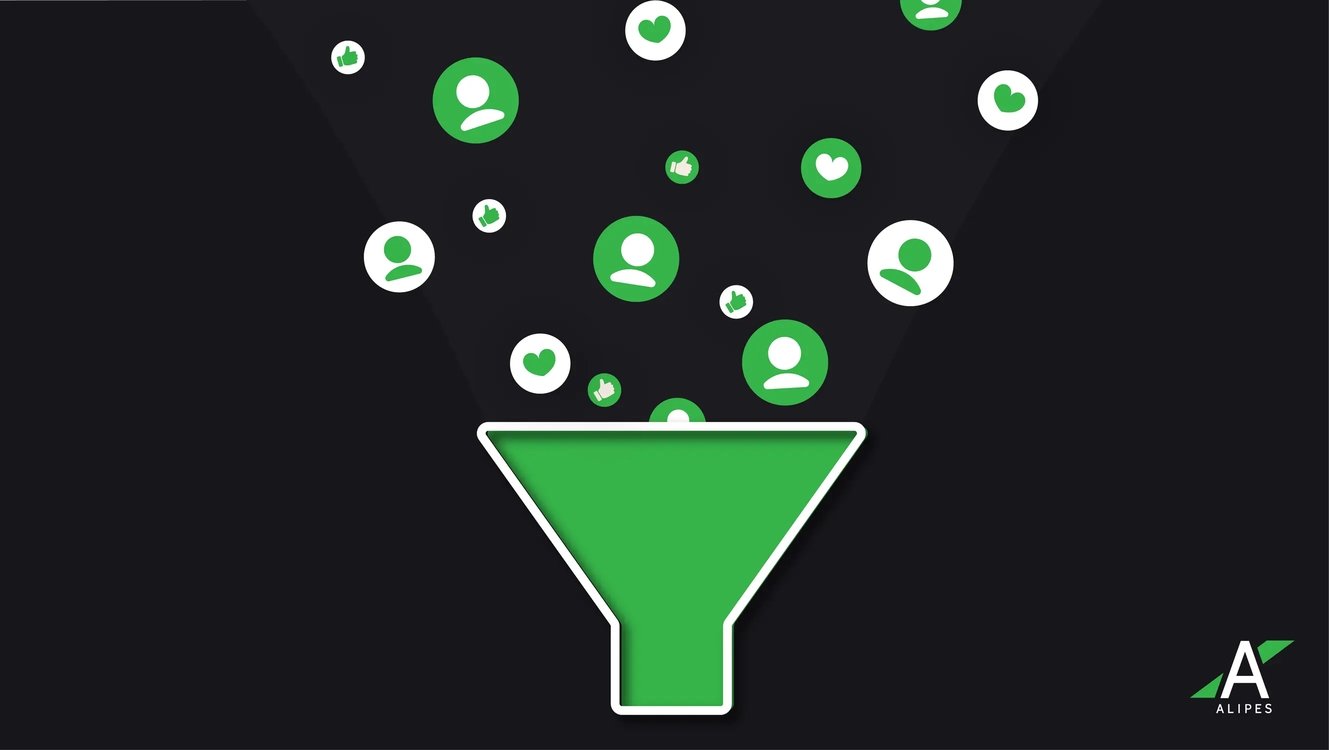 lead generation graphic with people, hearts, and likes going into a green funnel