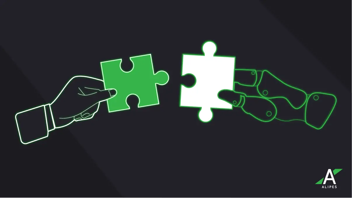 Human and robotic hands connecting puzzle pieces, symbolizing collaboration between creativity and AI integration