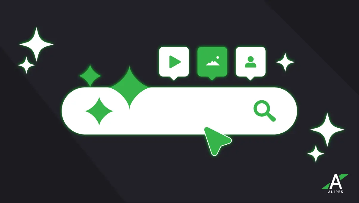 Illustration of an AI search interface with icons and a cursor, showing how people use AI to discover businesses.