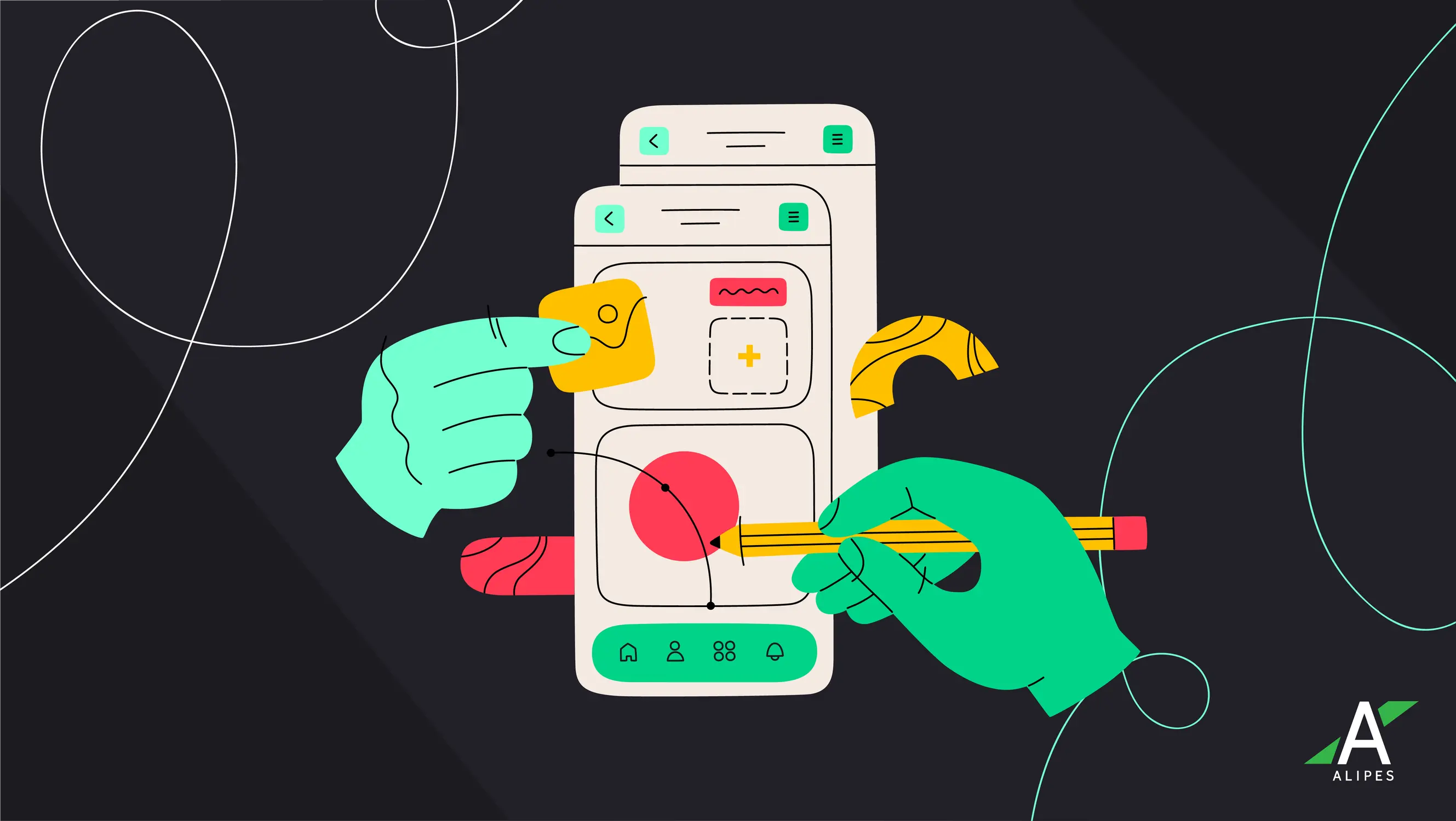 Mobile view of a website with hands editing components as if it was a physical form factor
