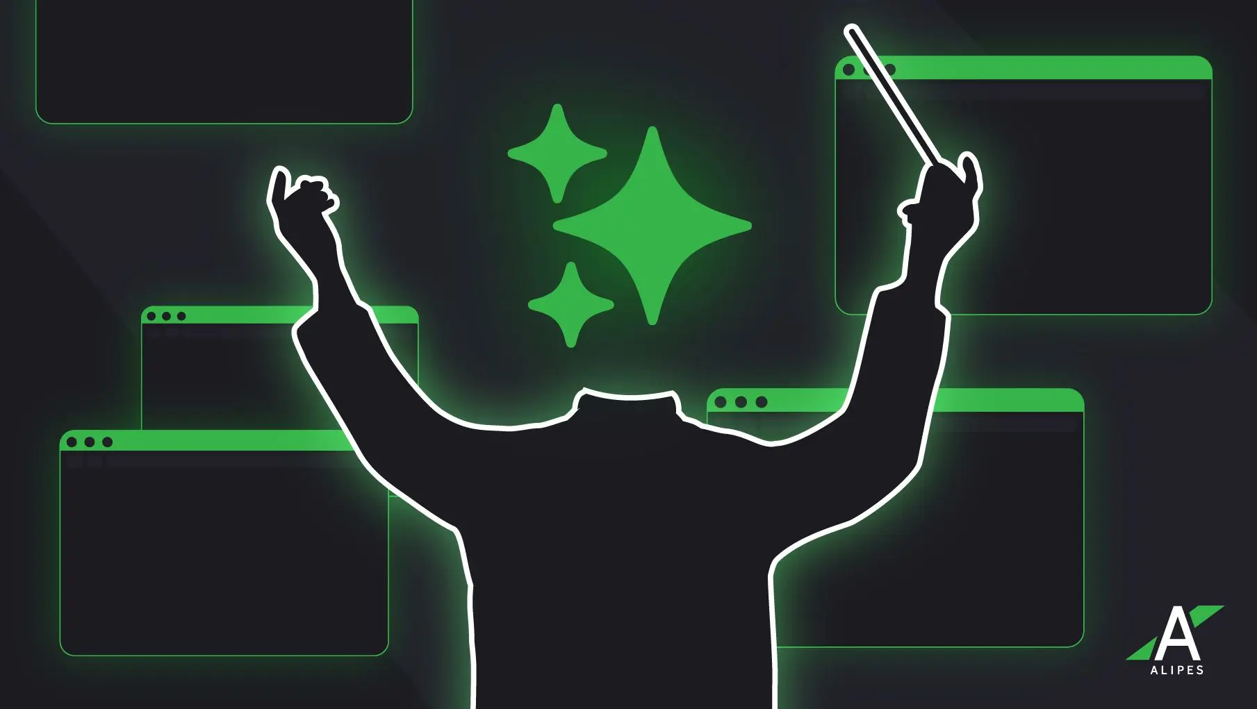 Illustration of a conductor orchestrating glowing browser windows, symbolizing website management or digital strategy.