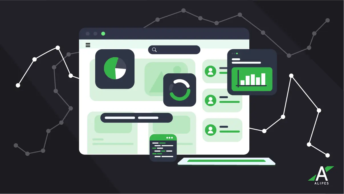 illustration of a digital analytics dashboard with charts, user profiles, and performance metrics, representing how paid media strategies use data insights to increase customer lifetime value