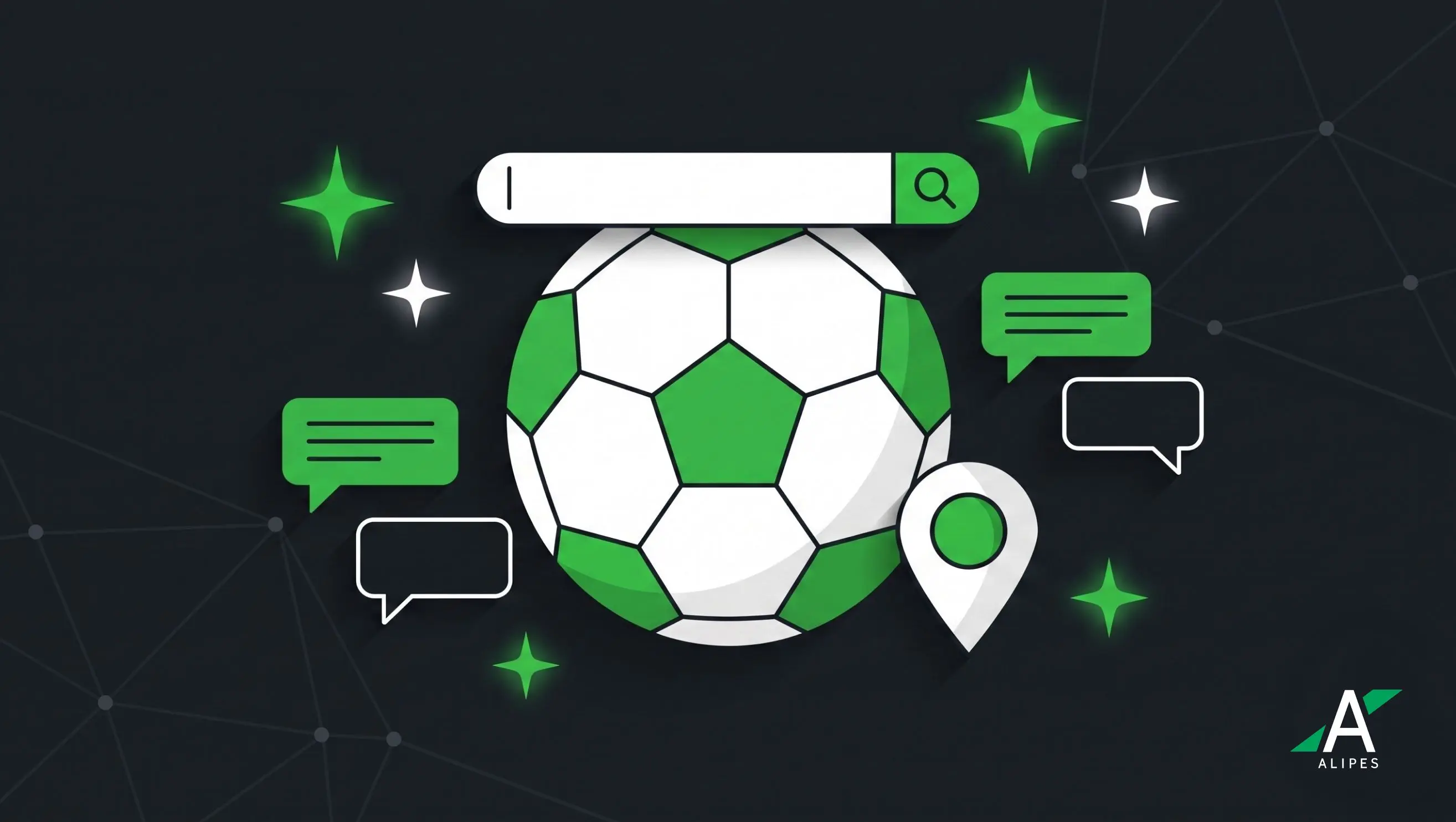 World Cup Boston marketing illustration with soccer ball, search, social listening, and local strategy elements
